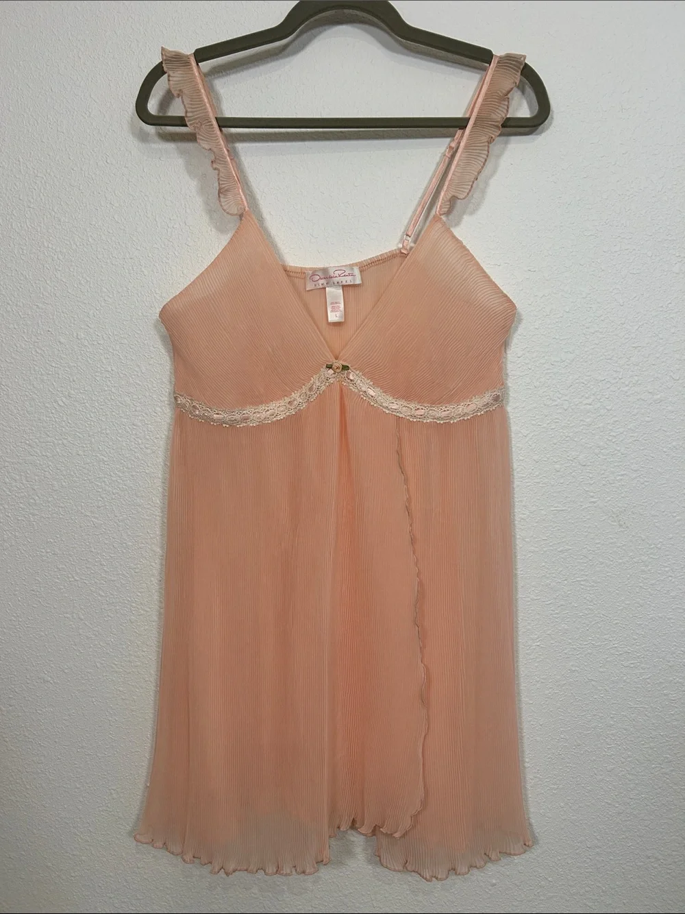 Oscar De La Renta Intimates Peach Sheer Coquette Babydoll Slip Dress Lace Trim L